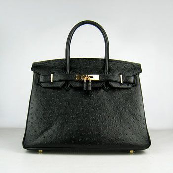 Hermes Birkin 30Cm Ostrich Stripe Handbags Black Gold